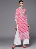 varanga women pink white leheriya striped embroidered detail georgette kurta