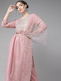 Mauve & Silver Embroidered Mirror Work Kurta with Trousers & Dupatta