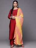Varanga Women Maroon Ethnic Motifs Embroidered Kurta With Trousers With Dupatta