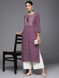 Purple Round Neck Straight Kurta With Lace Detailing On Yoke