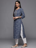 Blue Bandhani Print Embroidered Kurta Has Round Neck