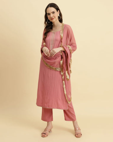 Varanga Women Mauve Straight Kurta With Tonal Ottom & Dupatta