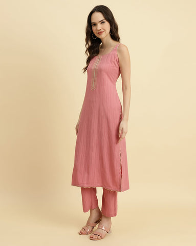 Varanga Women Mauve Straight Kurta With Tonal Ottom & Dupatta