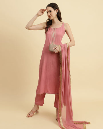 Varanga Women Mauve Straight Kurta With Tonal Ottom & Dupatta