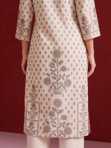 Womens Off-White & Taupe Floral Block Print Kurta Set