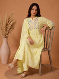 Yellow Embroidered Muslin Kurta Set With Dupatta .