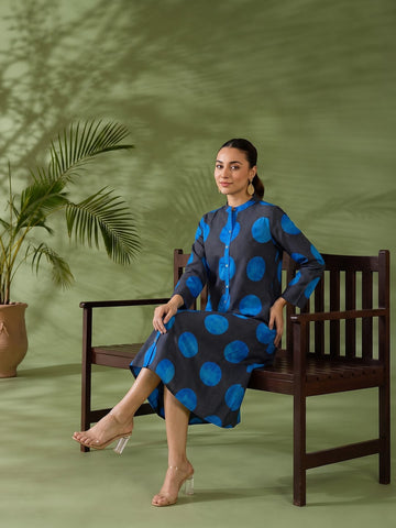 Indigo Polka Silk Women'S Long Dress