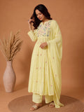 Yellow Embroidered Muslin Kurta Set With Dupatta .