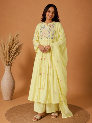Yellow Embroidered Muslin Kurta Set With Dupatta .
