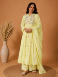 Yellow Embroidered Muslin Kurta Set With Dupatta .