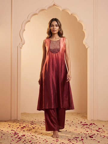 Embroidered Ombré Kurta with Wide-Leg Palazzos