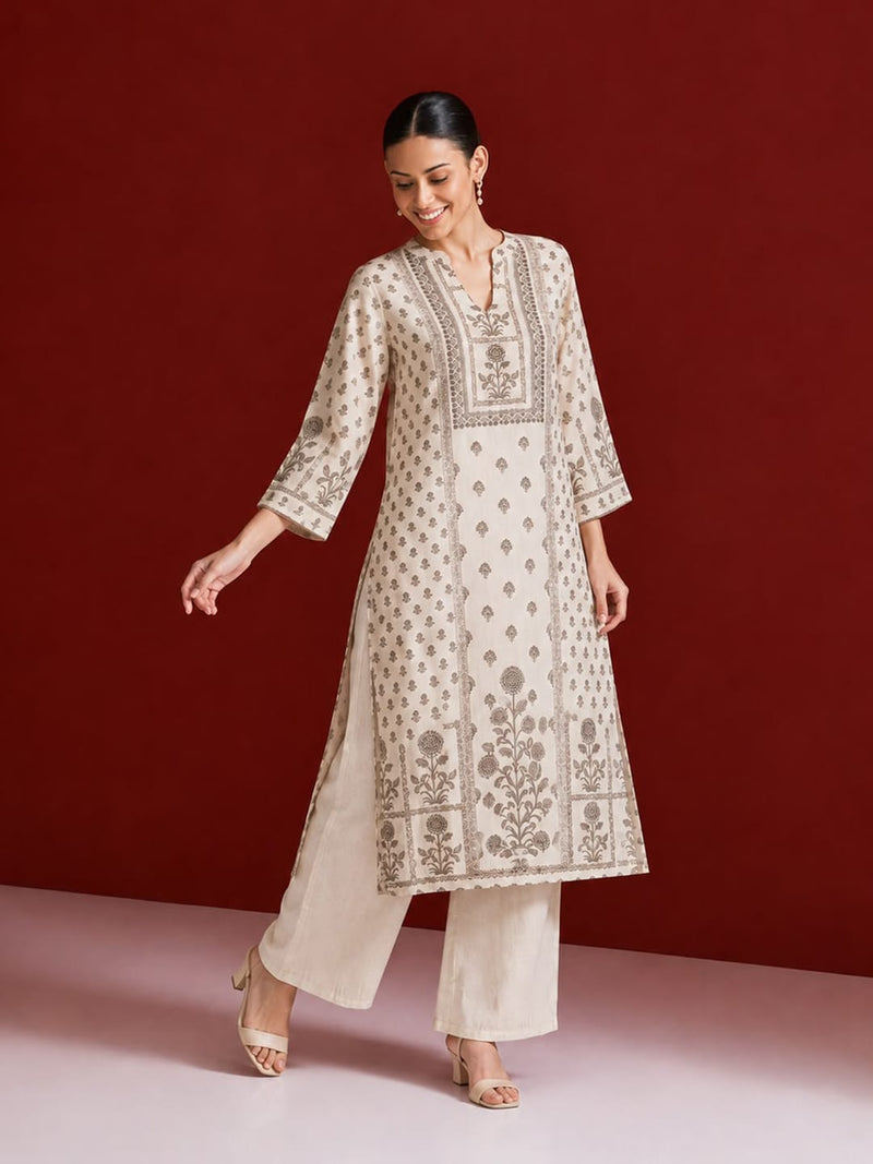 Womens Off-White & Taupe Floral Block Print Kurta Set