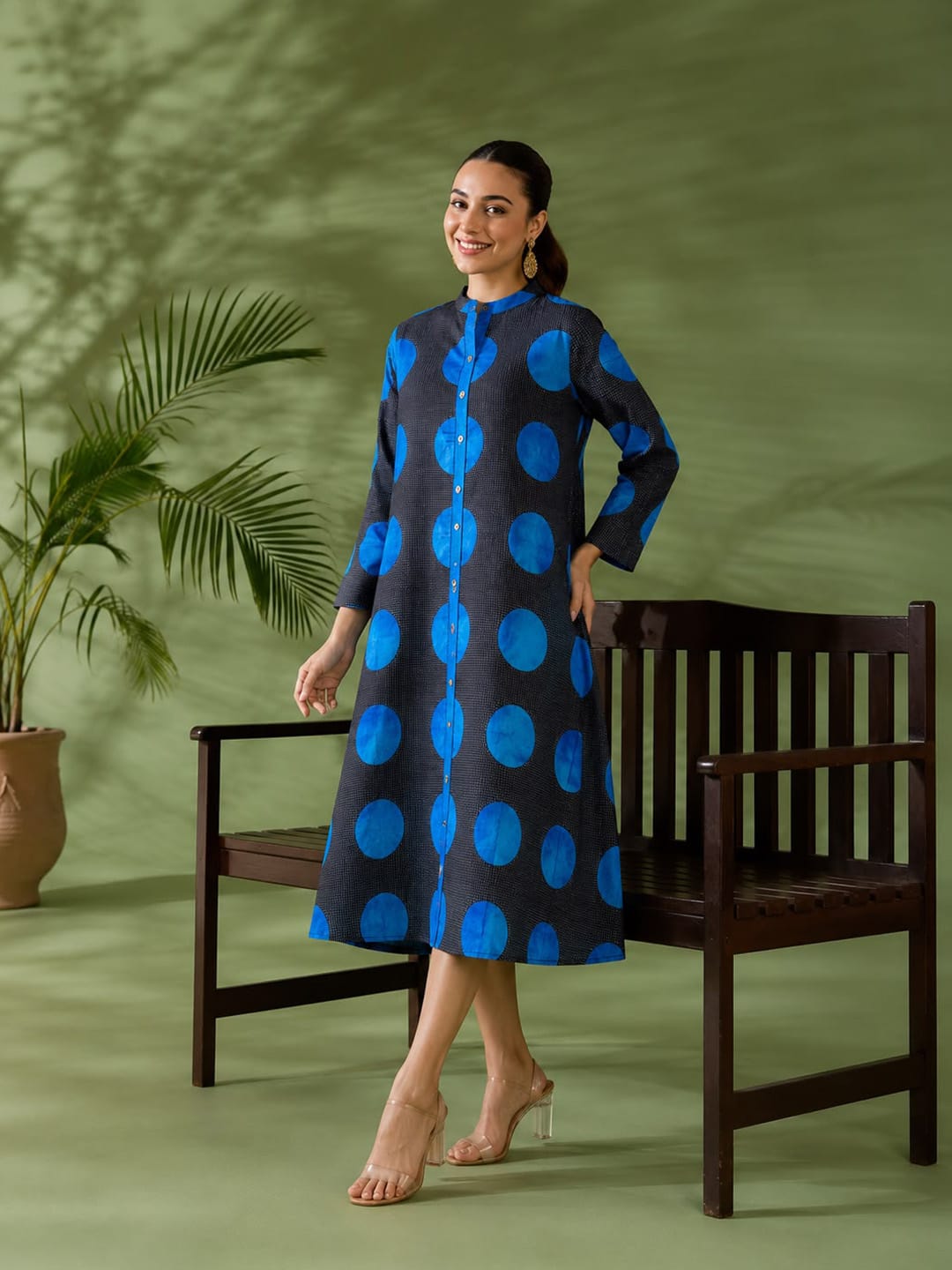 Indigo Polka Silk Women'S Long Dress