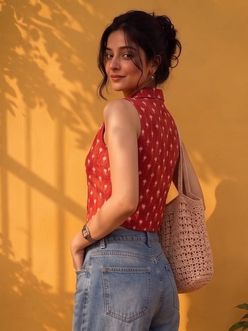 A Chic Sleeveless Printed Top With A Collared V-Neck Design, Perfect For Effortless Casual And Summer Styling.