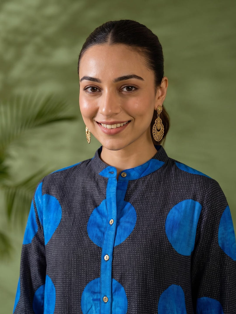 Indigo Polka Silk Women'S Long Dress
