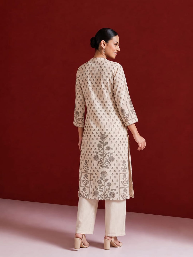 Womens Off-White & Taupe Floral Block Print Kurta Set
