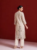 Womens Off-White & Taupe Floral Block Print Kurta Set