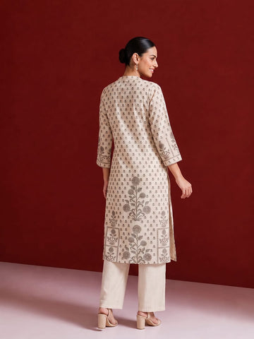Womens Off-White & Taupe Floral Block Print Kurta Set