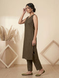 Womens Olive Green Solid Sleeveless Kurta With Straight Pant And Matching Floral Organza Dupatta