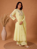 Yellow Embroidered Muslin Kurta Set With Dupatta .