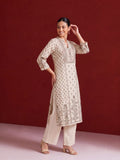 Womens Off-White & Taupe Floral Block Print Kurta Set