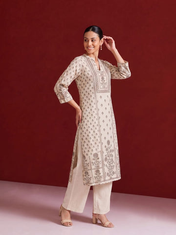 Womens Off-White & Taupe Floral Block Print Kurta Set