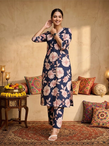 Floral Printed V Neck And Flared Sleeve Lace Detailed Straight Kurta Set.