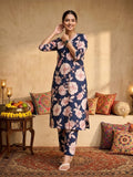 Floral Printed V Neck And Flared Sleeve Lace Detailed Straight Kurta Set.