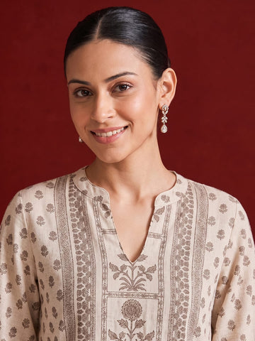 Womens Off-White & Taupe Floral Block Print Kurta Set