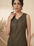 Womens Olive Green Solid Sleeveless Kurta With Straight Pant And Matching Floral Organza Dupatta