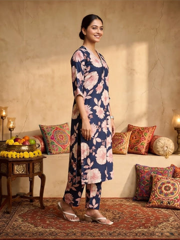 Floral Printed V Neck And Flared Sleeve Lace Detailed Straight Kurta Set.