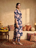 Floral Printed V Neck And Flared Sleeve Lace Detailed Straight Kurta Set.