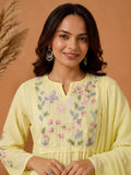 Yellow Embroidered Muslin Kurta Set With Dupatta .