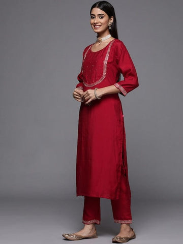 Varanga Plus Size Ethnic Motifs Red Embroidered Round Neck Kurta With Trousers & Dupatta