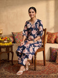 Floral Printed V Neck And Flared Sleeve Lace Detailed Straight Kurta Set.
