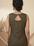 Womens Olive Green Solid Sleeveless Kurta With Straight Pant And Matching Floral Organza Dupatta
