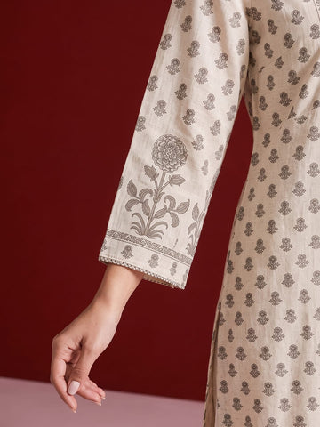 Womens Off-White & Taupe Floral Block Print Kurta Set