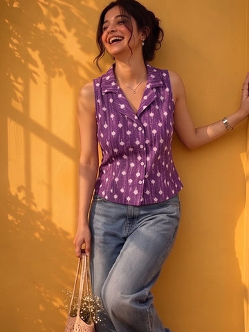 A Chic Sleeveless Printed Top With A Collared V-Neck Design, Perfect For Effortless Casual And Summer Styling.