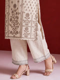 Womens Off-White & Taupe Floral Block Print Kurta Set