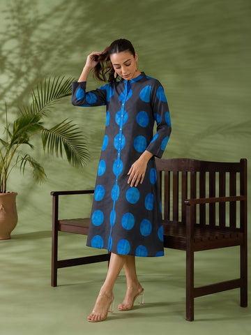 Indigo Polka Silk Women'S Long Dress