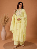 Yellow Embroidered Muslin Kurta Set With Dupatta .