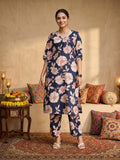 Floral Printed V Neck And Flared Sleeve Lace Detailed Straight Kurta Set.