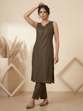 Womens Olive Green Solid Sleeveless Kurta With Straight Pant And Matching Floral Organza Dupatta