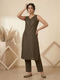 Womens Olive Green Solid Sleeveless Kurta With Straight Pant And Matching Floral Organza Dupatta