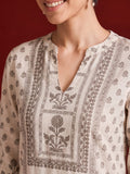 Womens Off-White & Taupe Floral Block Print Kurta Set