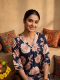 Floral Printed V Neck And Flared Sleeve Lace Detailed Straight Kurta Set.