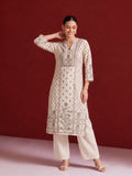 Womens Off-White & Taupe Floral Block Print Kurta Set