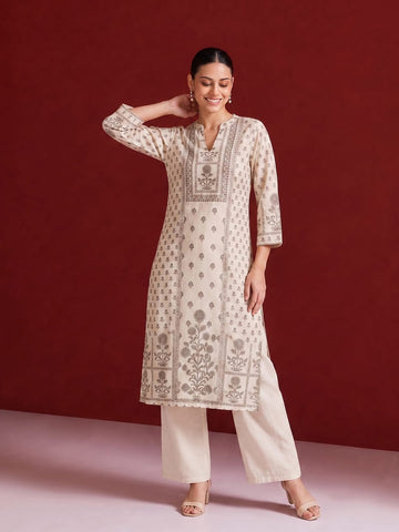 Womens Off-White & Taupe Floral Block Print Kurta Set