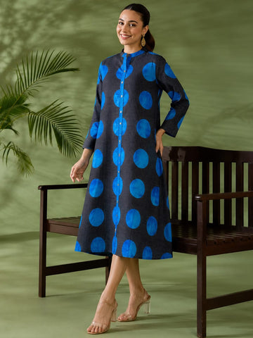 Indigo Polka Silk Women'S Long Dress