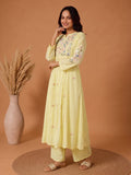 Yellow Embroidered Muslin Kurta Set With Dupatta .